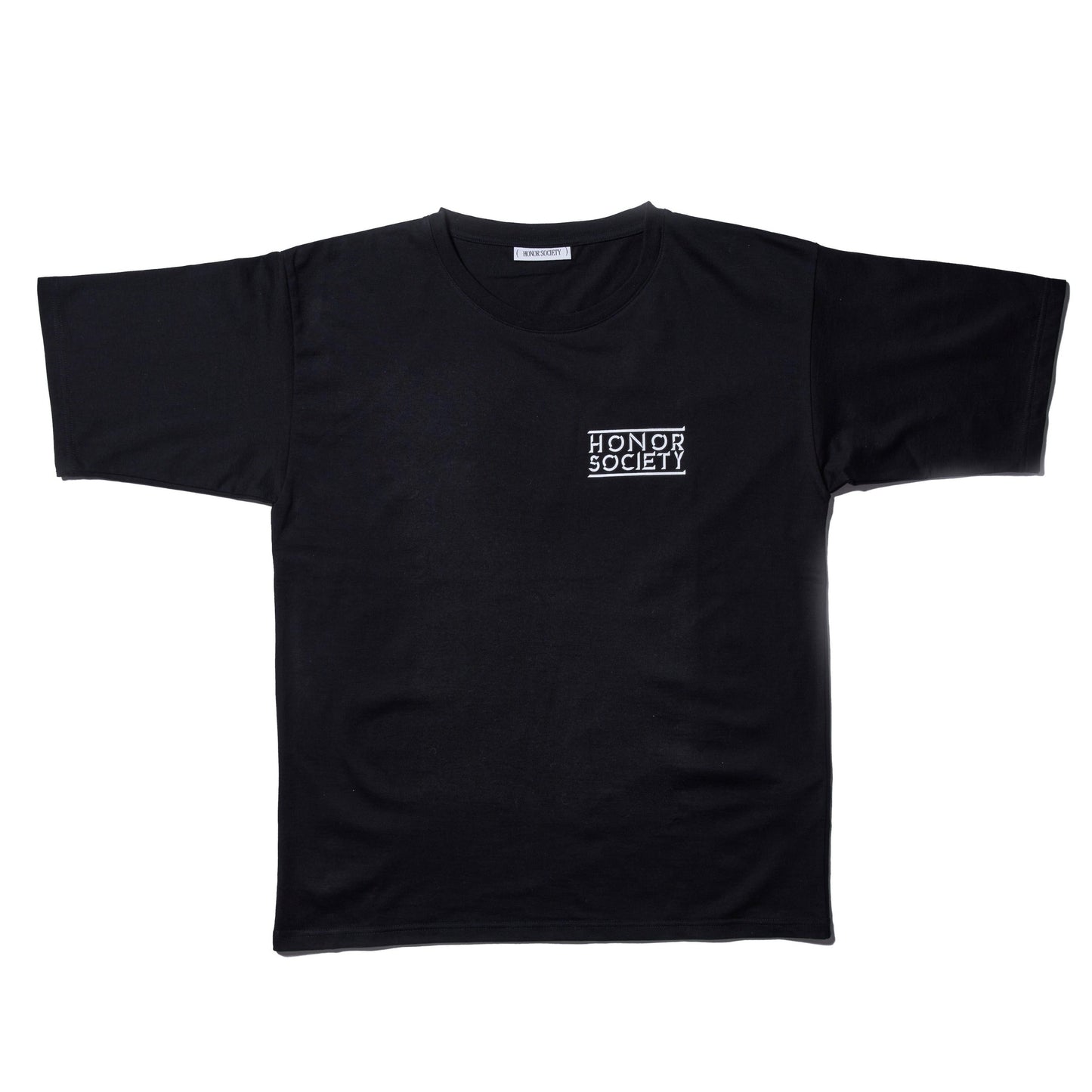 Black Honor Society small embroidered logo T-shirt No.3,100% cotton, showcasing front design. Available in small, medium, and large sizes.