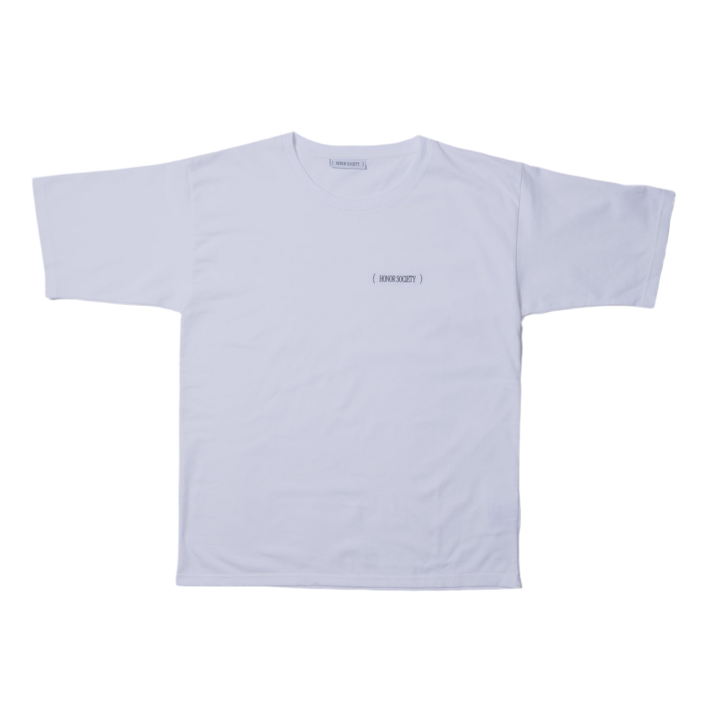 White Honor Society embroidery logo T-shirt, 100% cotton, showcasing front design. Available in small, medium, and large sizes.