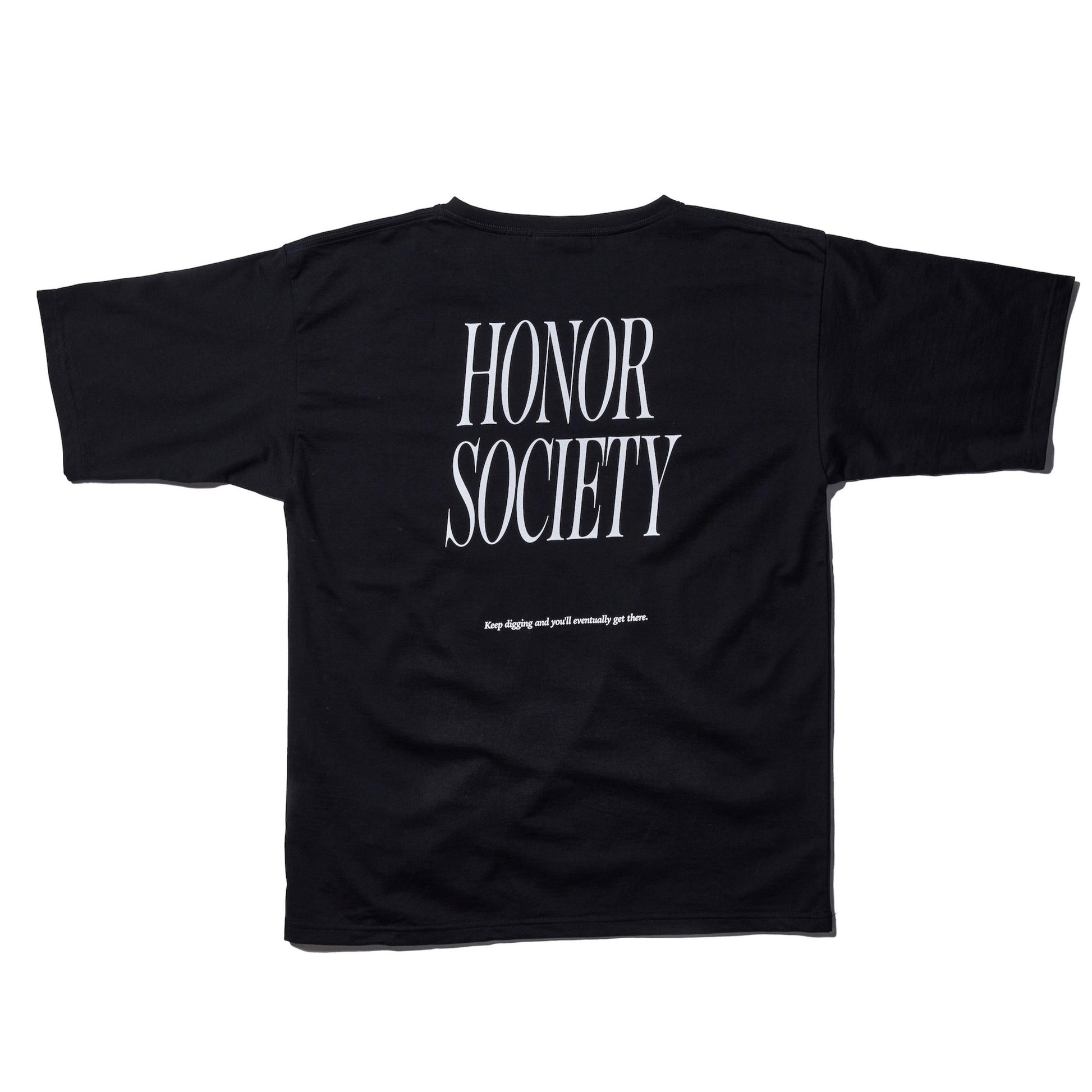 Black Honor Society back logo T-shirt with bold white typography, unisex design, 100% cotton fabric.