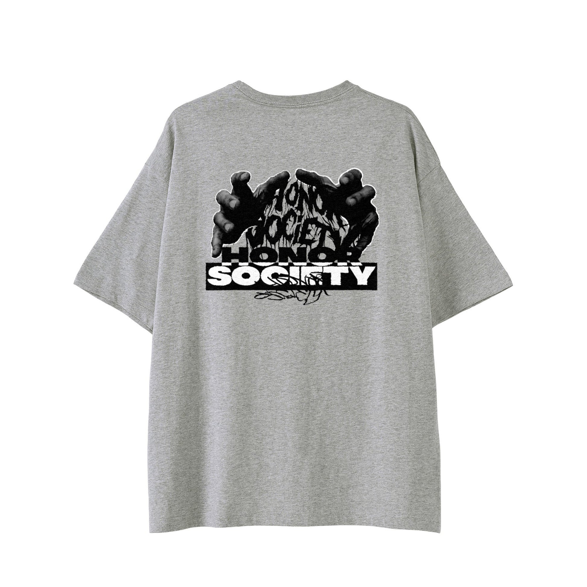 Grey cotton t-shirt with a graphic hand design and "Honor Society" text on back, featuring black graffiti accents.