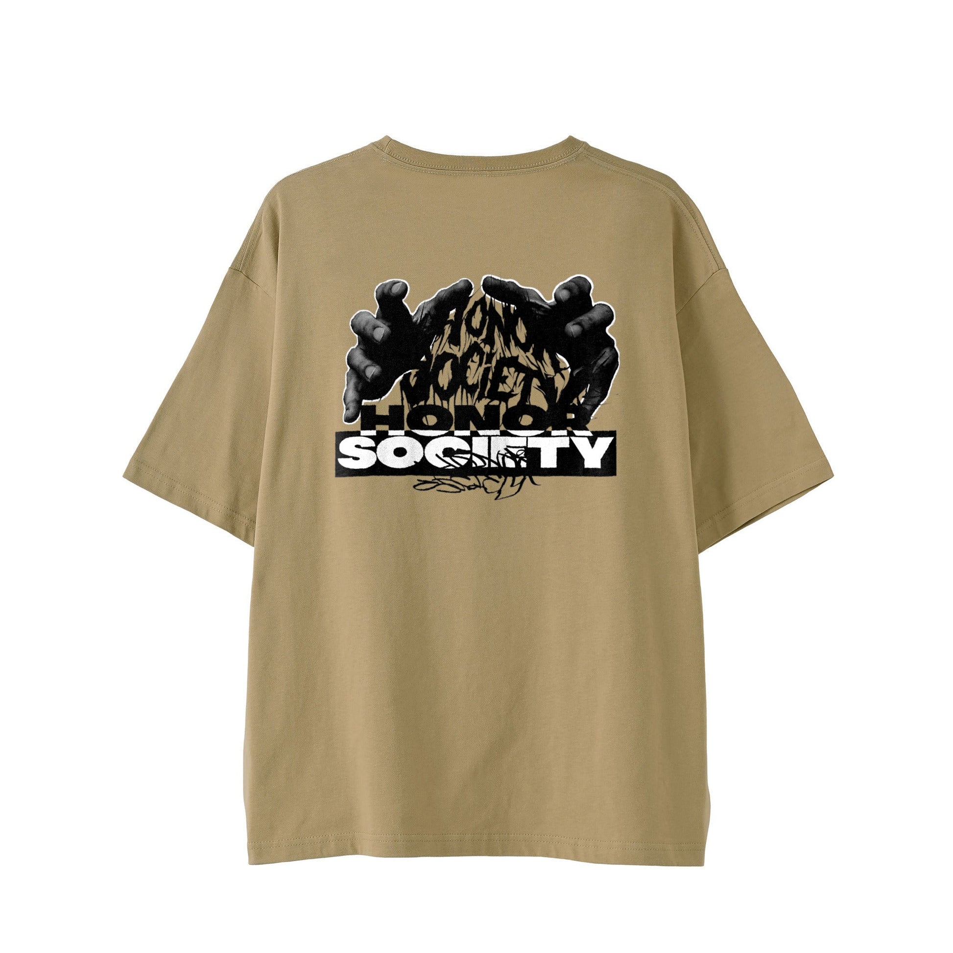 Camel cotton t-shirt with a graphic hand design and "Honor Society" text on back, featuring black graffiti accents.