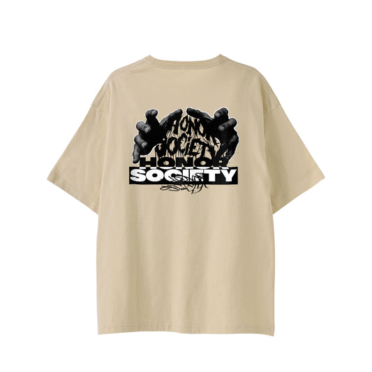 Sand cotton t-shirt with a graphic hand design and "Honor Society" text on back, featuring black graffiti accents.