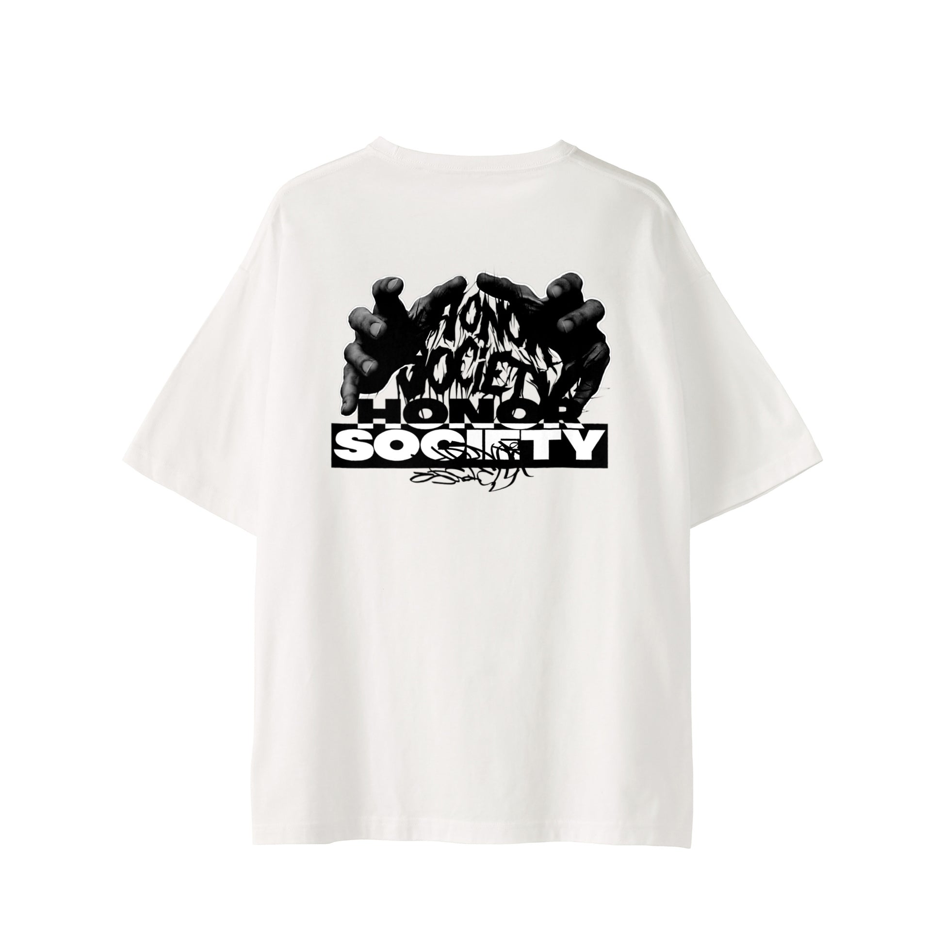 White cotton t-shirt with a graphic hand design and "Honor Society" text on back, featuring black graffiti accents.