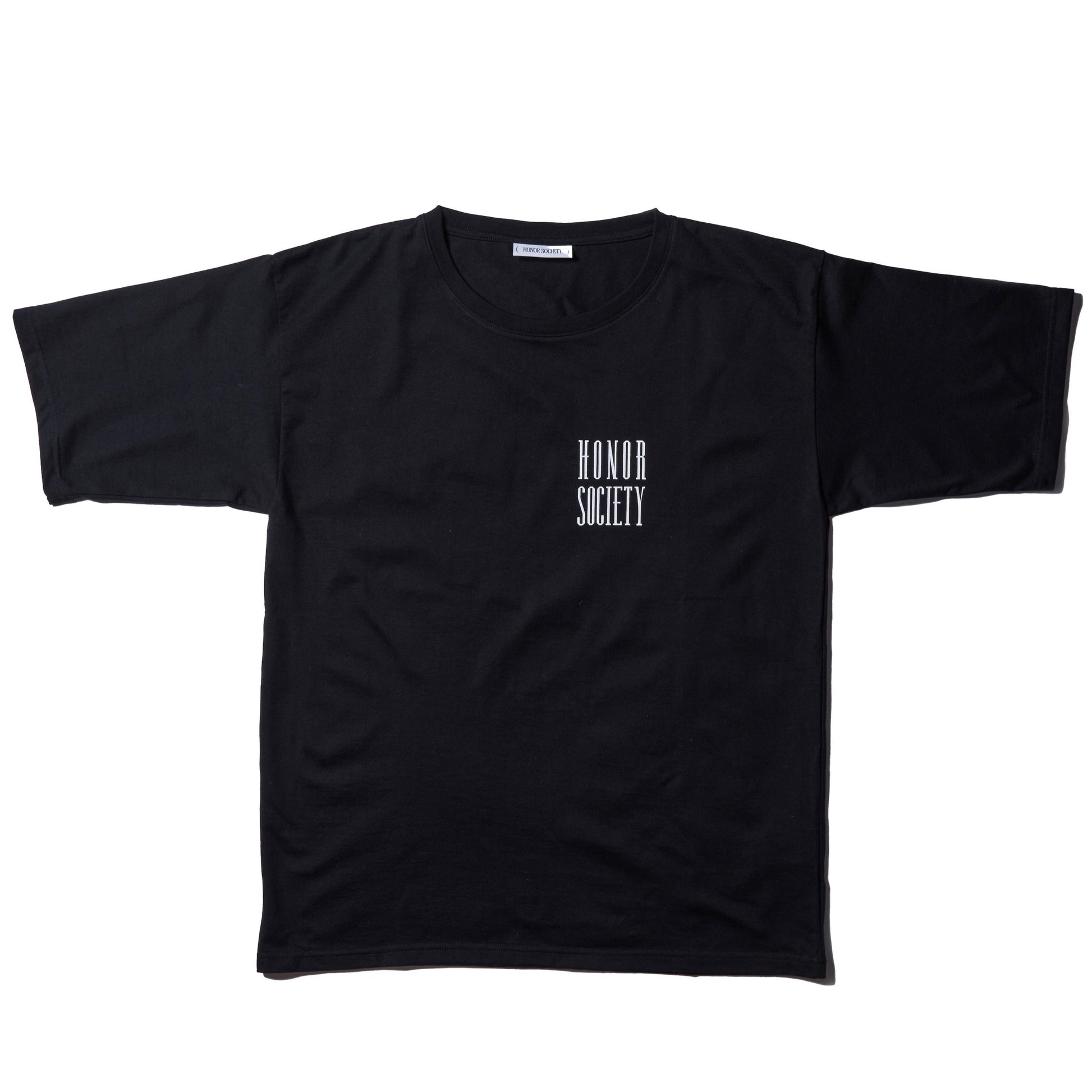 Black Honor Society small embroidered logo T-shirt No.2,100% cotton, showcasing front design. Available in small, medium, and large sizes.