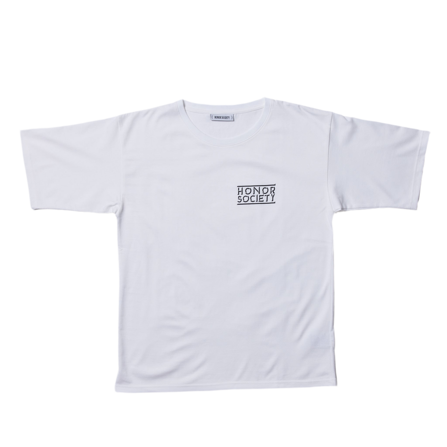 White Honor Society small embroidered logo T-shirt No.3,100% cotton, showcasing front design. Available in small, medium, and large sizes.