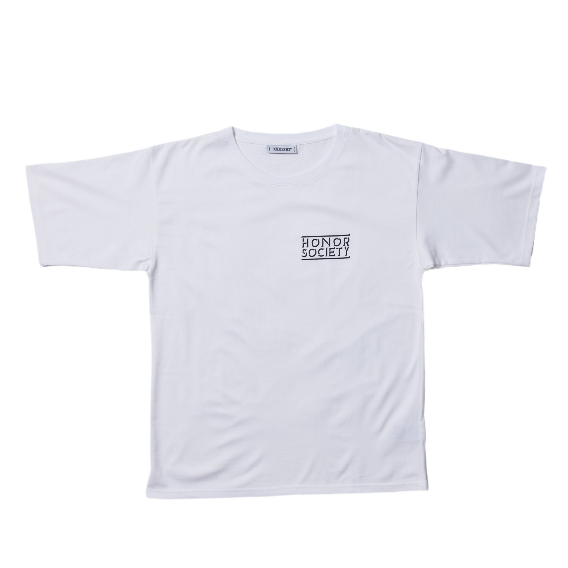 White Honor Society small embroidered logo T-shirt No.3,100% cotton, showcasing front design. Available in small, medium, and large sizes.