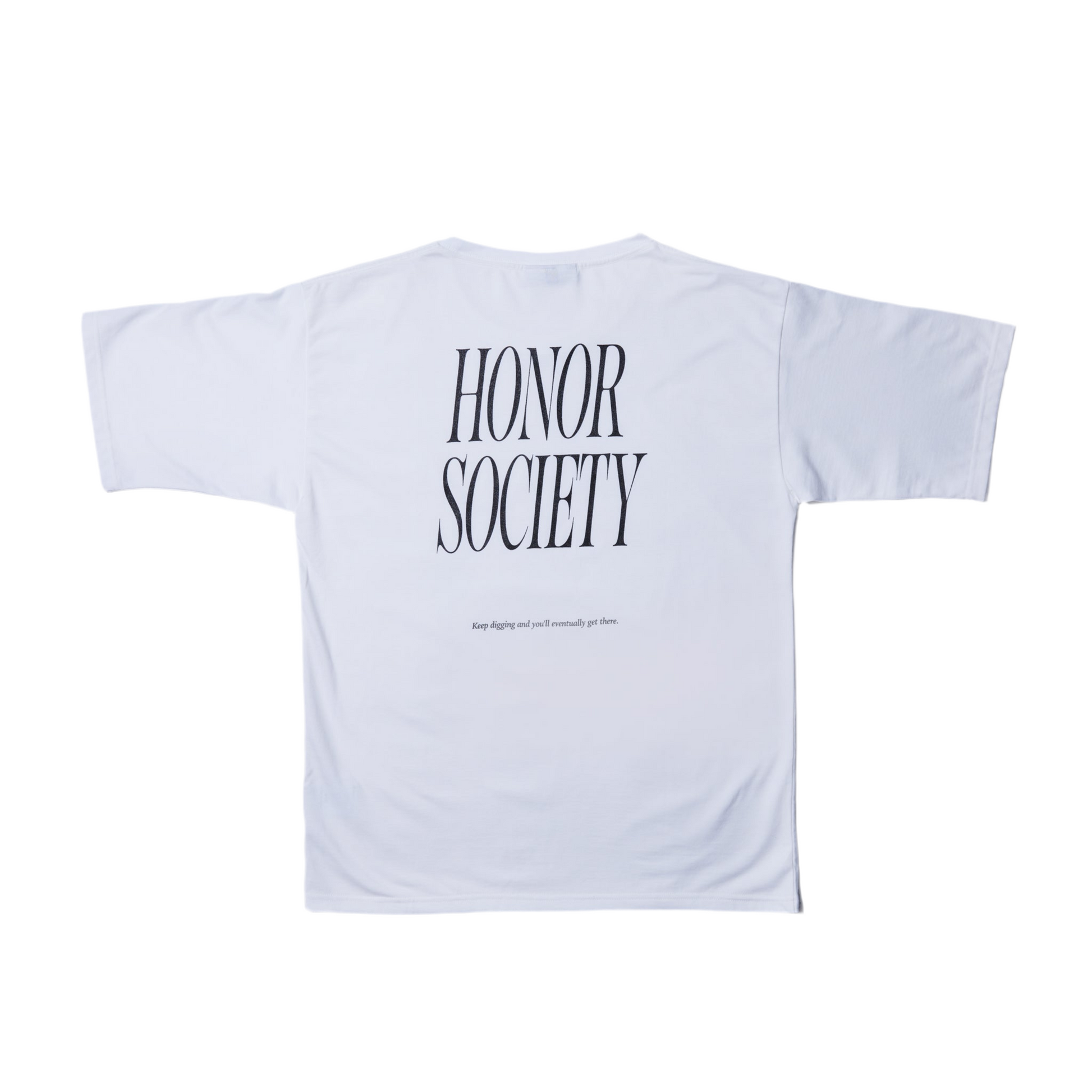 White Honor Society back logo T-shirt with bold black typography, unisex design, 100% cotton fabric.