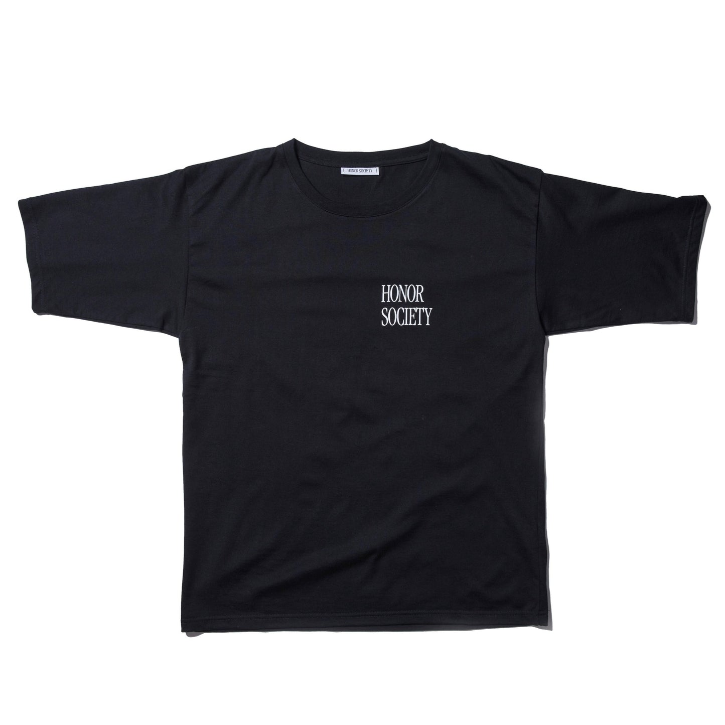 Black Honor Society small embroidered logo T-shirt No.1,100% cotton, showcasing front design. Available in small, medium, and large sizes.