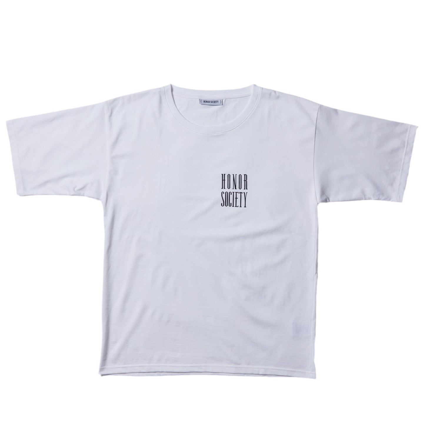 White Honor Society small embroidered logo T-shirt No.2,100% cotton, showcasing front design. Available in small, medium, and large sizes.