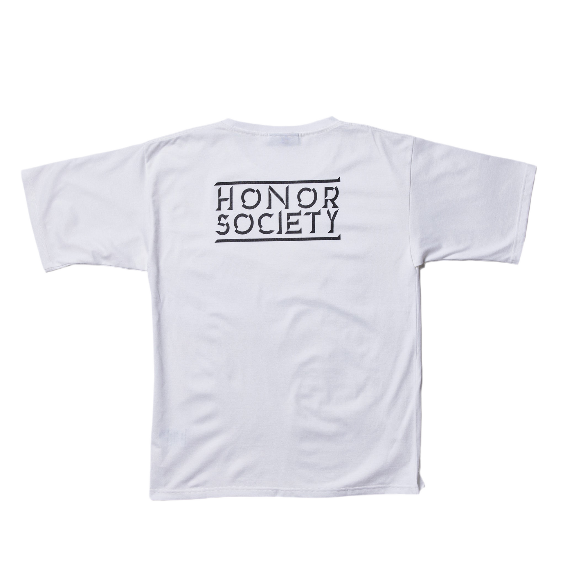 White Honor Society big back logo T-shirt,100% cotton, showcasing front design. Available in small, medium, and large sizes.